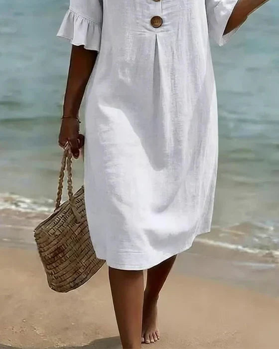 Robe en coton et lin femme boutonnée, manches courtes à volants