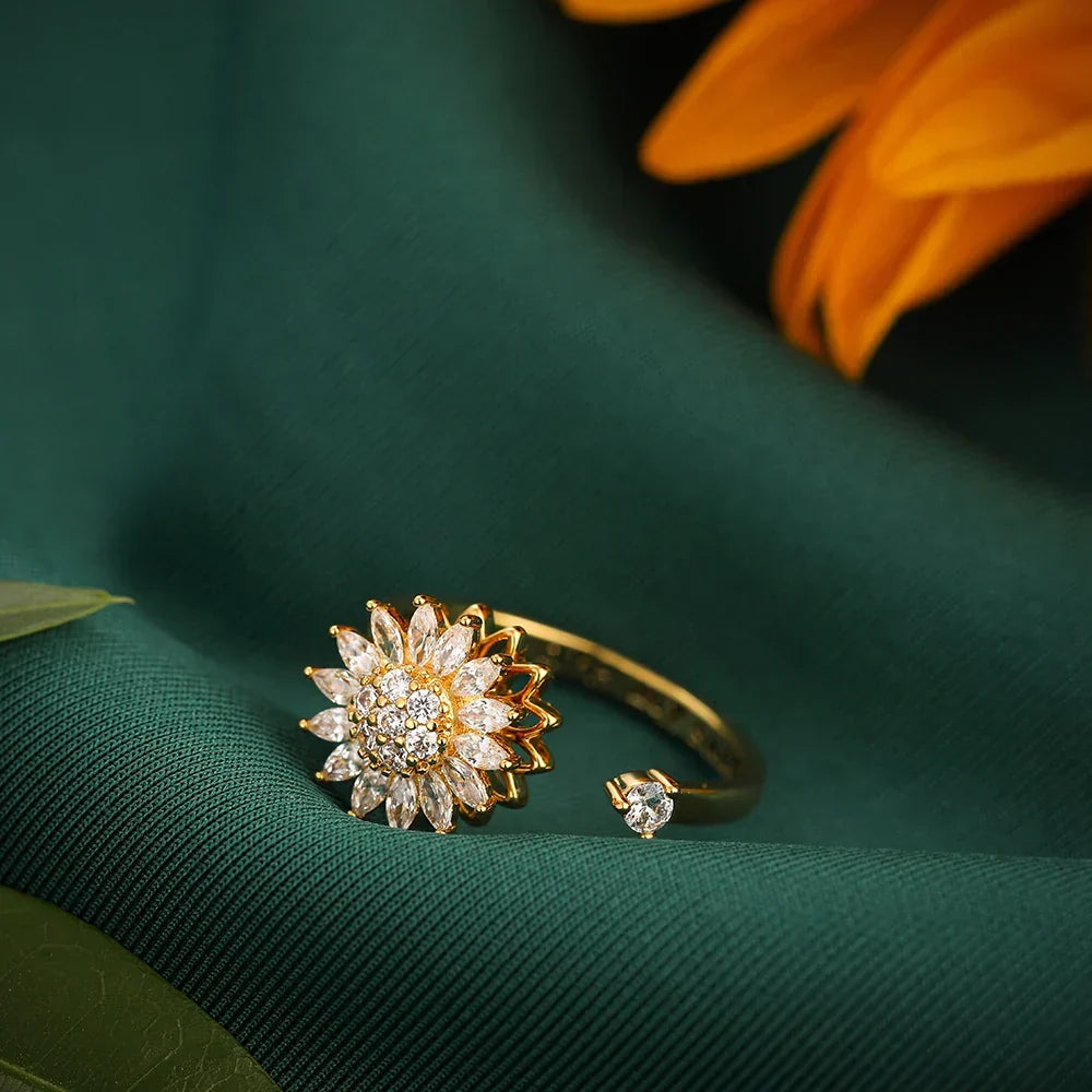 Bague ajustable à anneau rotatif, motif tournesol en cristal