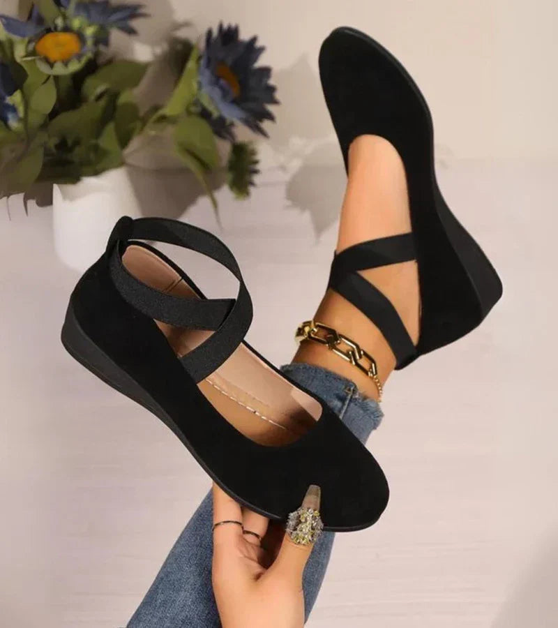 Ballerines compensées femme à brides élastiques croisées, noir