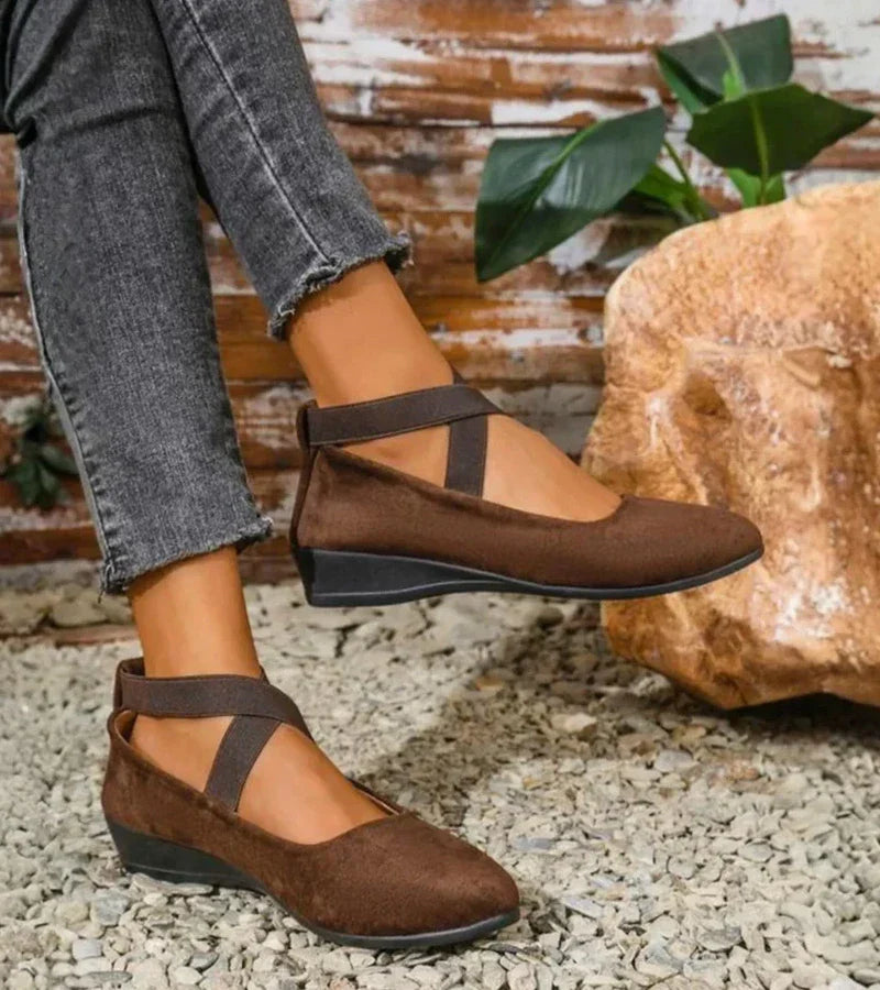 Ballerines compensées femme à brides élastiques croisées, marron