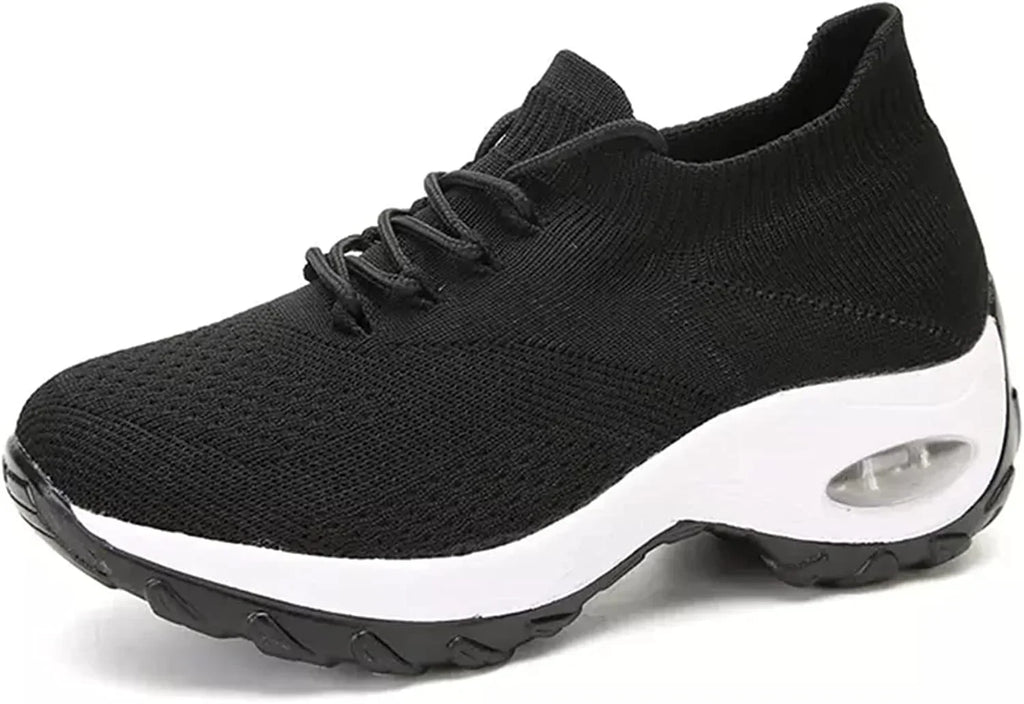 Baskets femme en maille à enfiler, semelle plateforme de 5 cm, noir et blanc