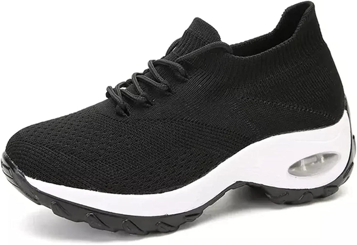 Baskets femme en maille à enfiler, semelle plateforme de 5 cm, noir et blanc