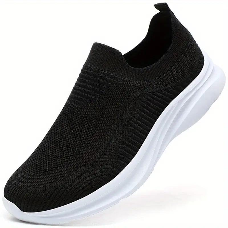 Baskets de marche homme sans lacets, tige en maille, noir et blanc