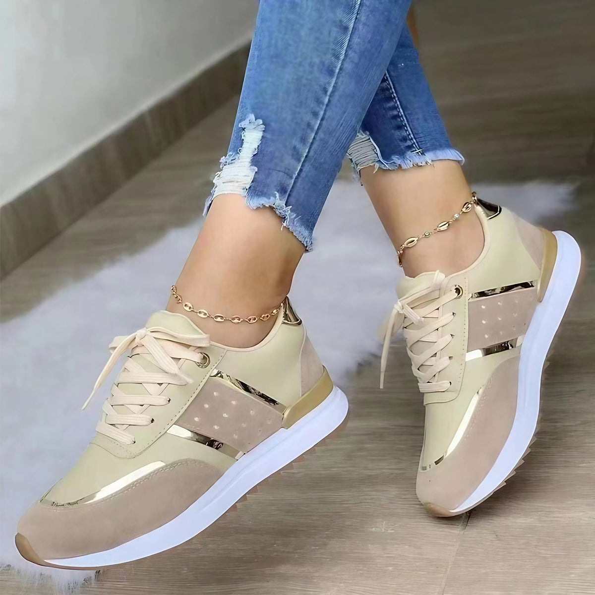 Baskets femme à semelle intérieure rembourrée, quatre coloris, beige
