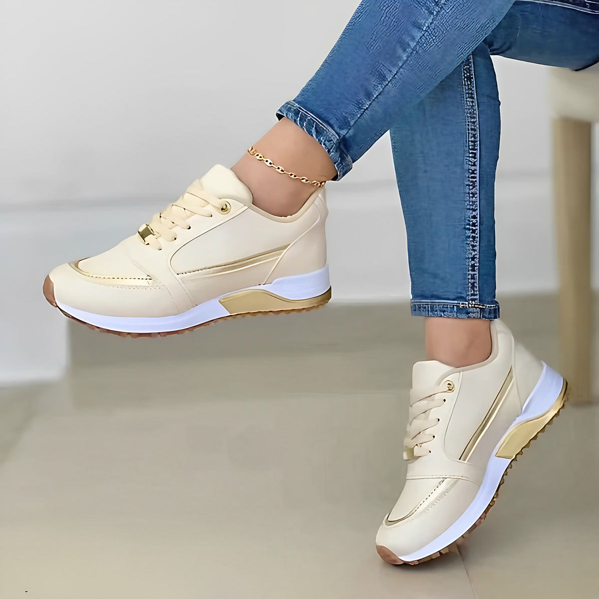 Baskets orthopédiques femme, semelle intérieure amortissante, beige