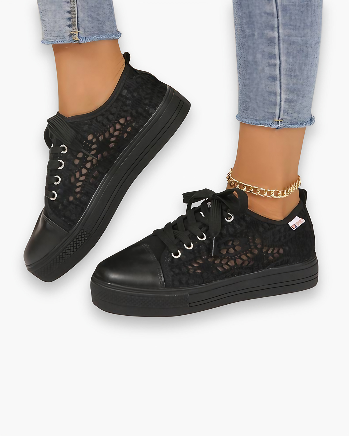 Baskets femme à motif dentelle, semelle souple, noir