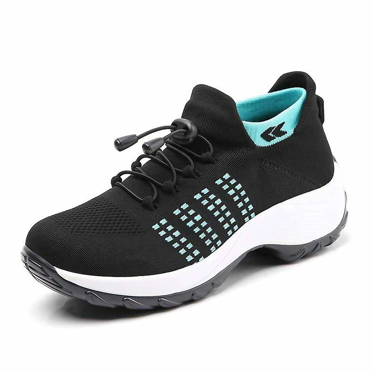 Baskets orthopédiques femme à enfiler, tige en maille extensible, noir et vert