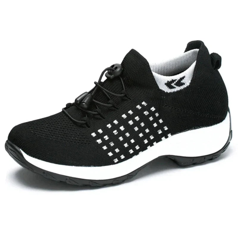 Baskets orthopédiques femme à enfiler, tige en maille extensible, noir et blanc