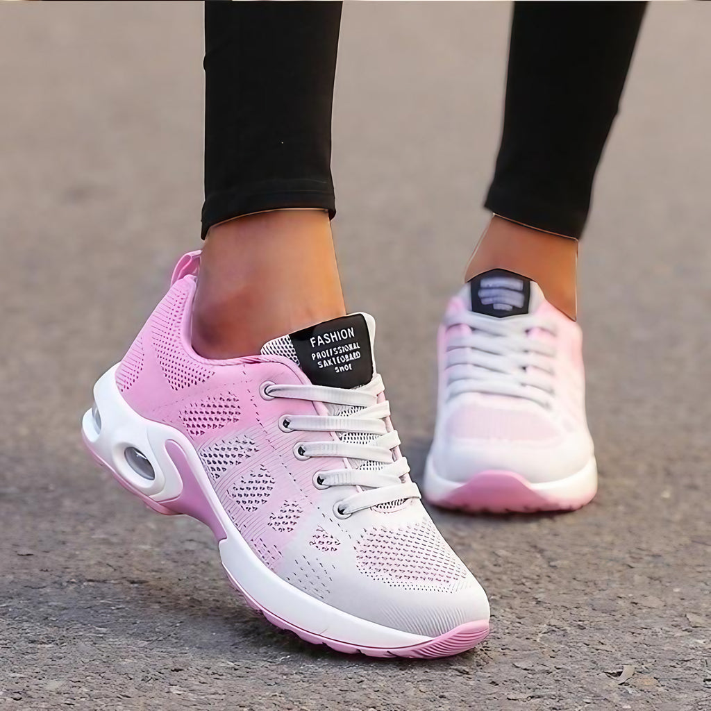 Baskets orthopédiques femme, semelle gel amovible de 4 cm, rose et blanc