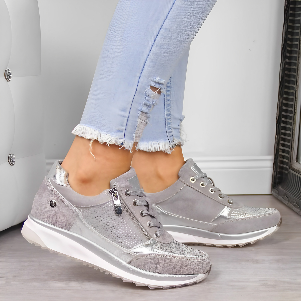 Baskets orthopédiques femme zippées, semelle épaisse et souple, gris