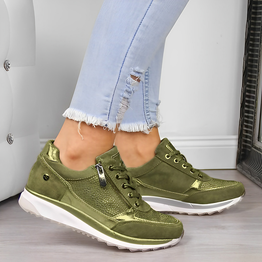 Baskets orthopédiques femme zippées, semelle épaisse et souple, vert