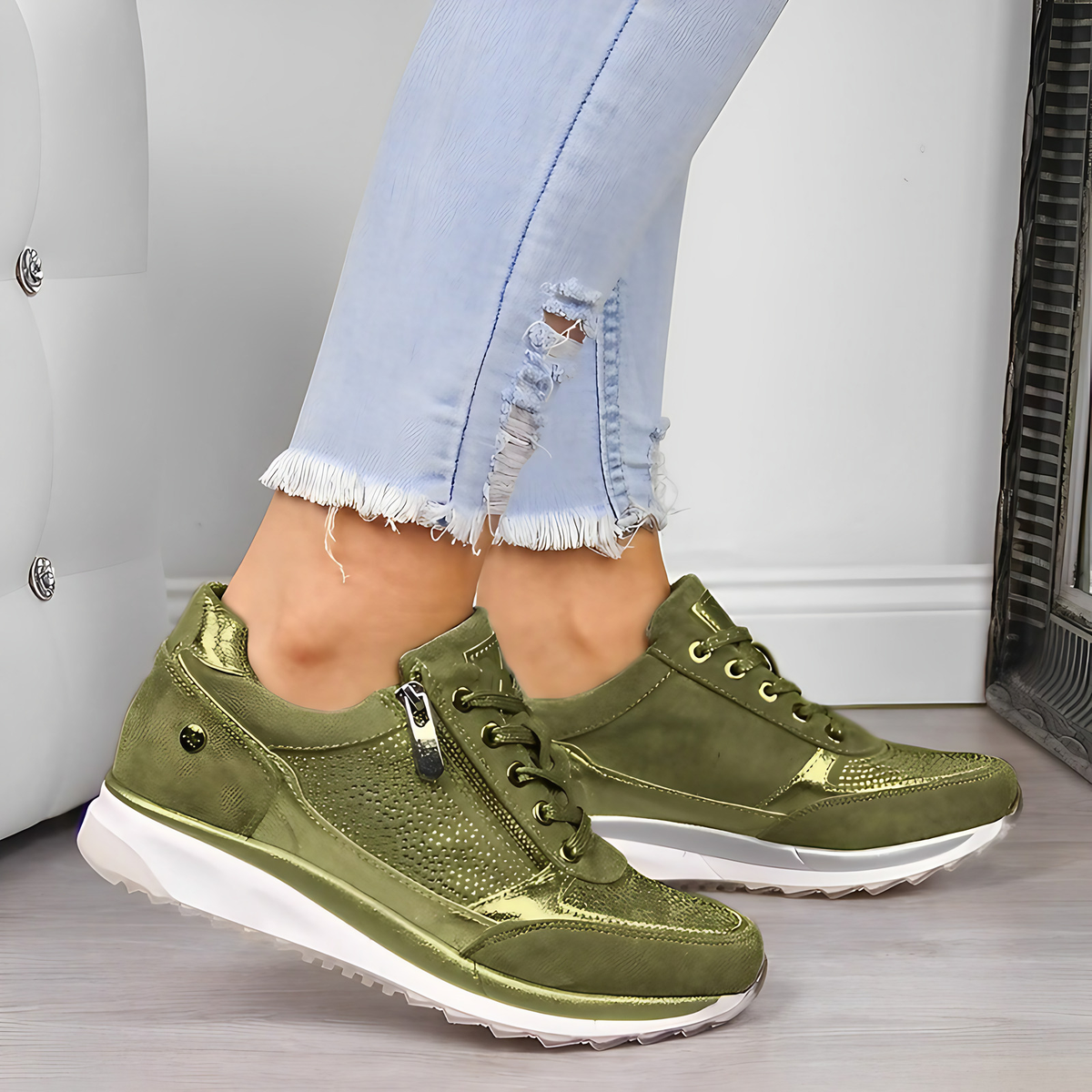 Baskets orthopédiques femme zippées, semelle épaisse et souple, vert