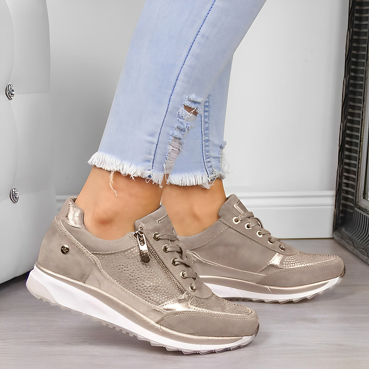 Baskets orthopédiques femme zippées, semelle épaisse et souple, beige