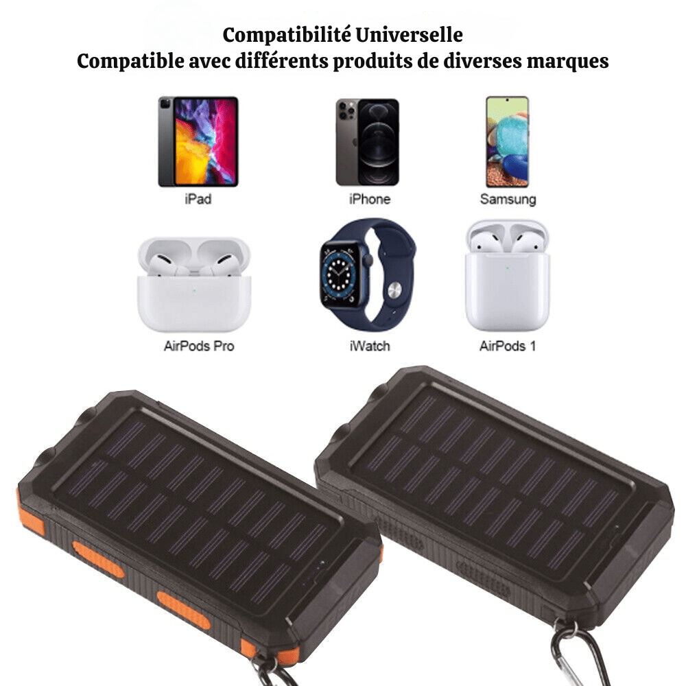 Batterie externe solaire 10 000 mAh, étanche IP65, lampe LED