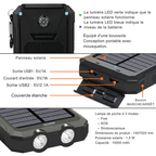 Batterie externe solaire 10 000 mAh, étanche IP65, lampe LED