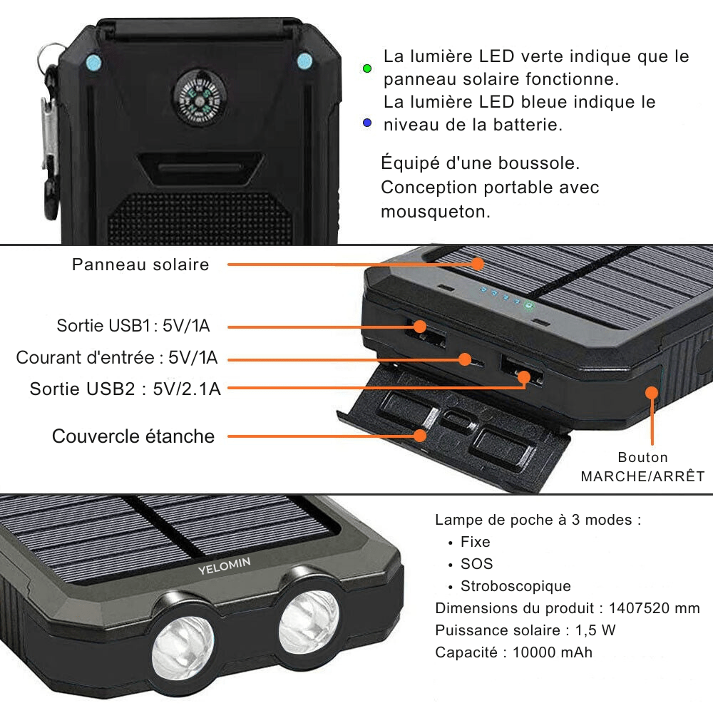 Batterie externe solaire 10 000 mAh, étanche IP65, lampe LED