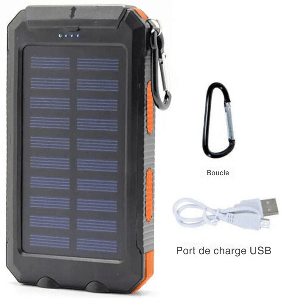 Batterie externe solaire 10 000 mAh, étanche IP65, lampe LED