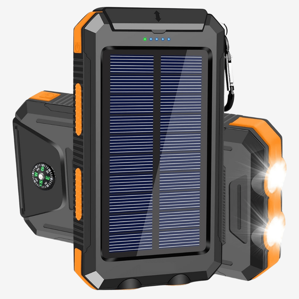 Batterie externe solaire 10 000 mAh, étanche IP65, lampe LED, orange