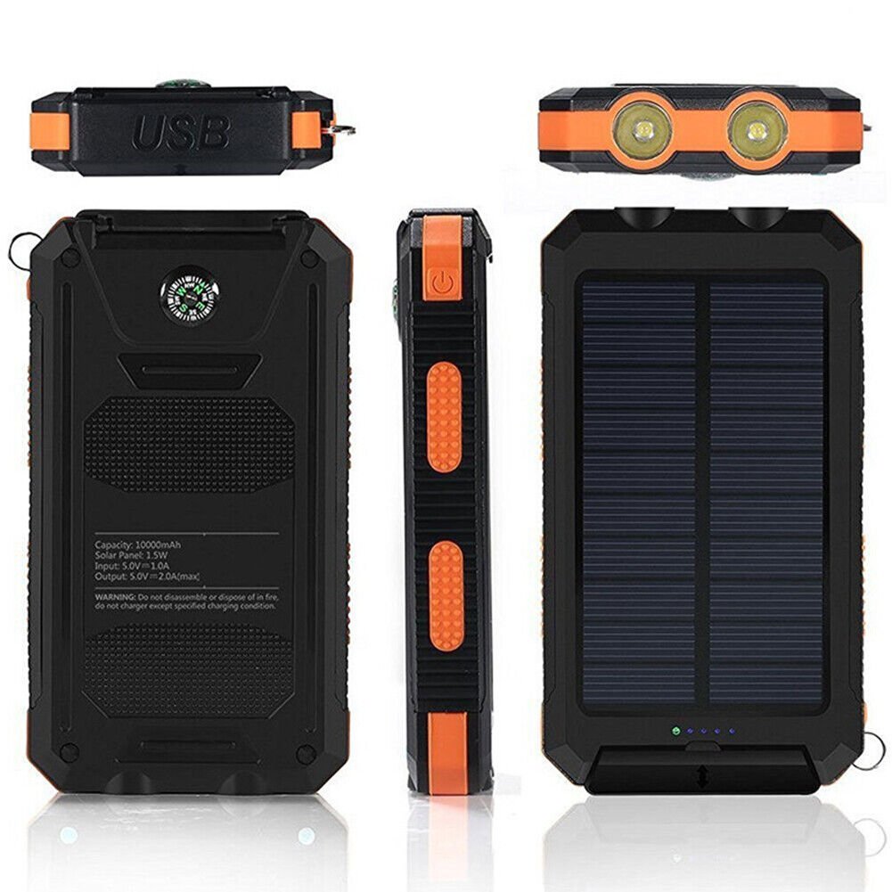Batterie externe solaire 10 000 mAh, étanche IP65, lampe LED