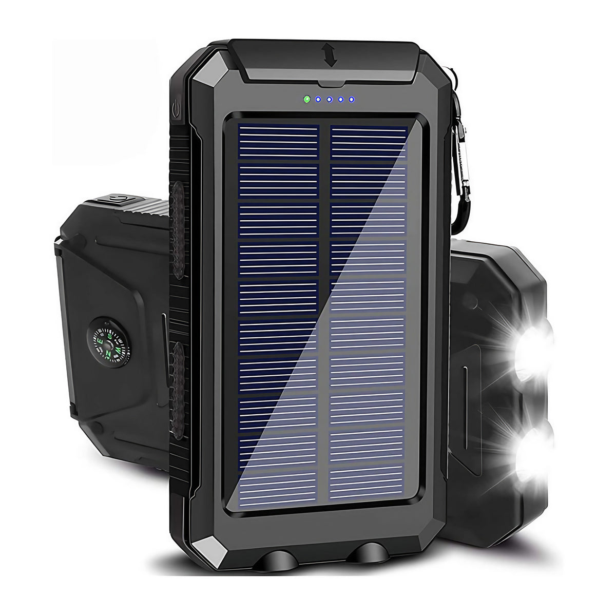 Batterie externe solaire 2 ports USB, lampe LED et boussole, noir