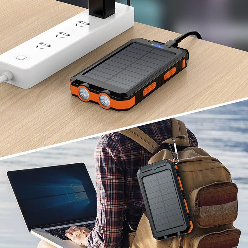 Batterie externe solaire 2 ports USB, lampe LED et boussole
