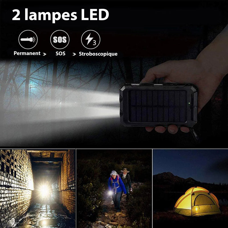 Batterie externe solaire 2 ports USB, lampe LED et boussole