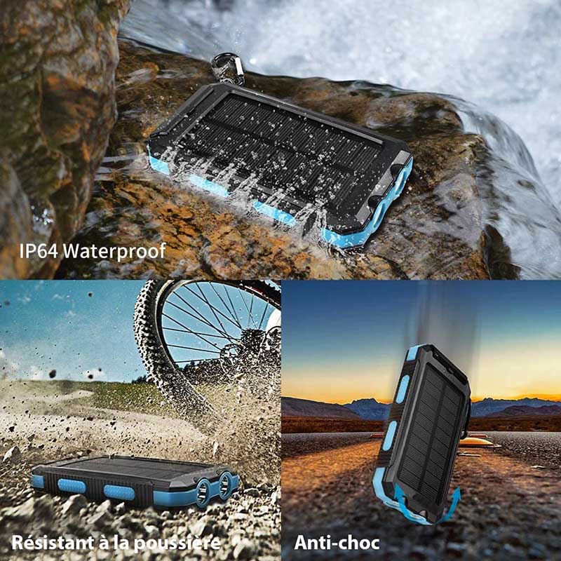 Batterie externe solaire 2 ports USB, lampe LED et boussole