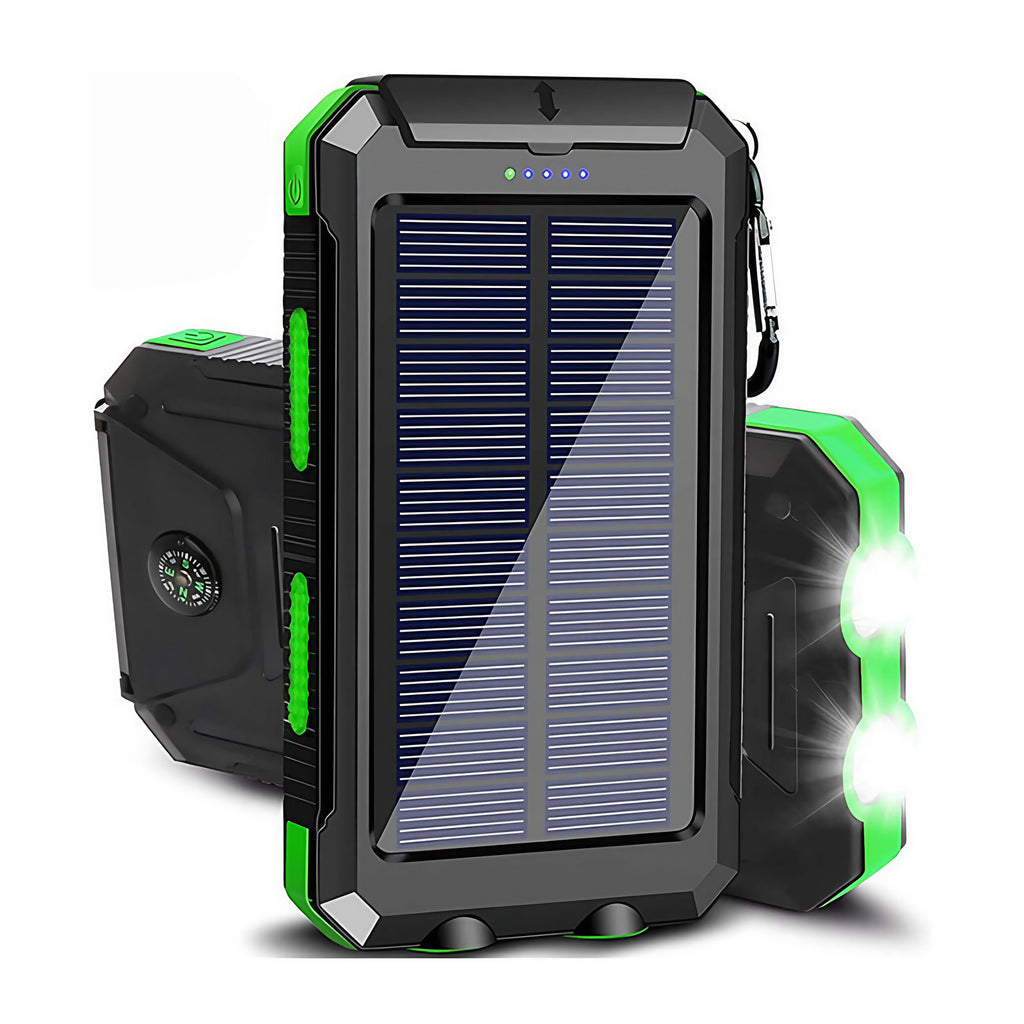 Batterie externe solaire 2 ports USB, lampe LED et boussole, vert