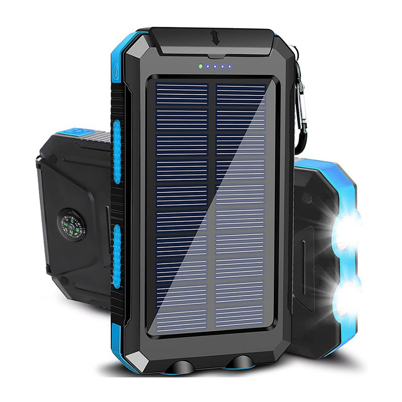 Batterie externe solaire 2 ports USB, lampe LED et boussole, bleu