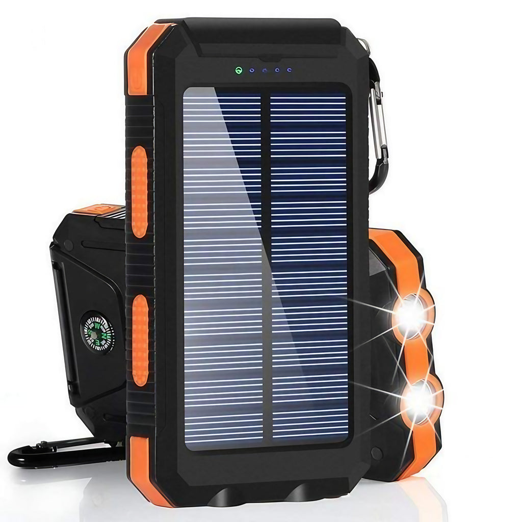 Batterie externe solaire 8000 mAh, double USB, lampe LED, orange