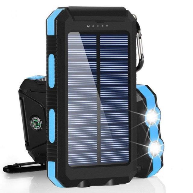 Batterie externe solaire 8000 mAh, double USB, lampe LED, bleu