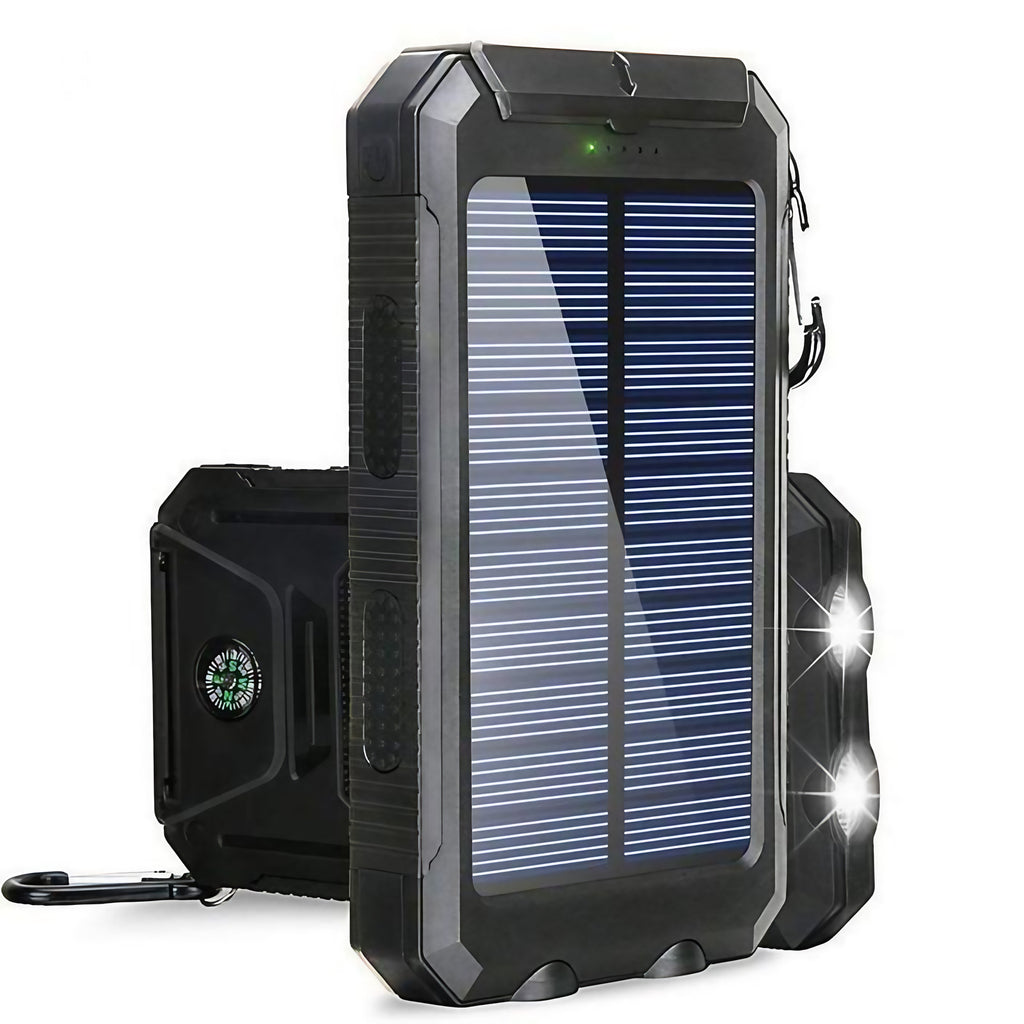 Batterie externe solaire 8000 mAh, double USB, lampe LED, noir