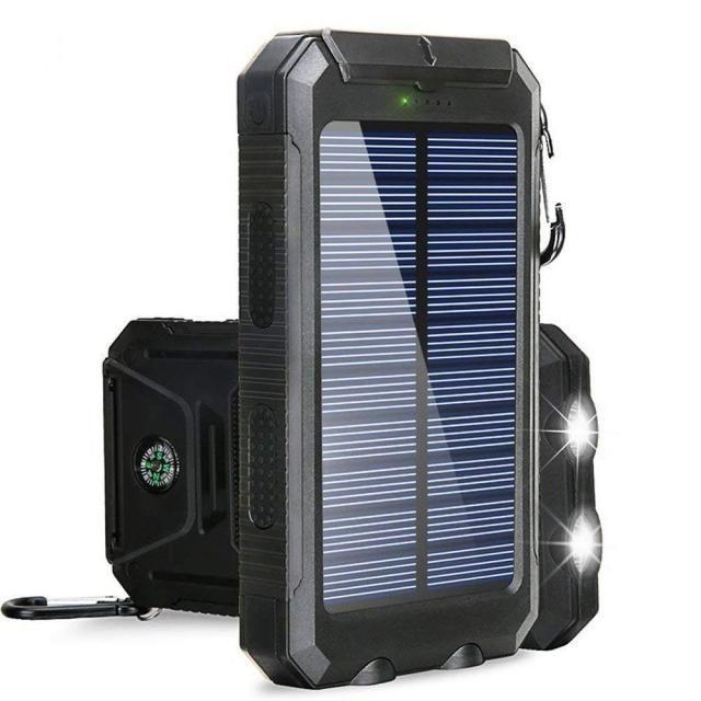 Batterie externe solaire 8000 mAh, double USB, lampe LED, noir