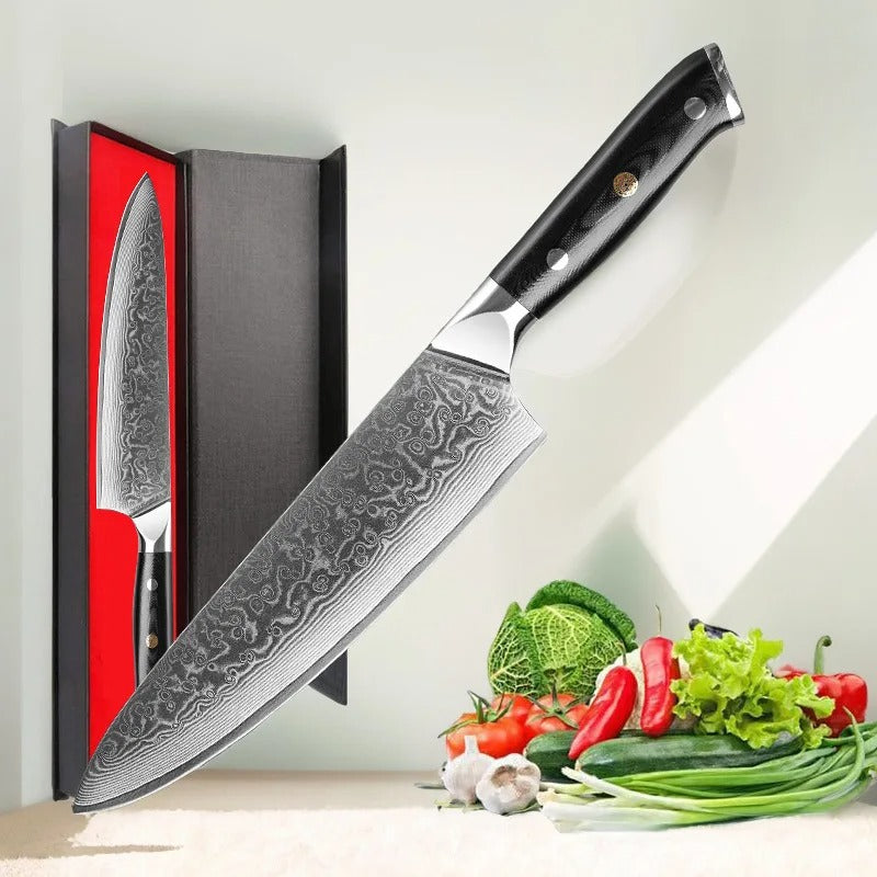 Couteau de chef japonais 8 pouces, lame Damas VG10, manche bois