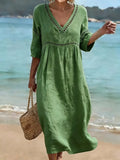 Robe en coton femme col V, mi-longue, manches courtes et poches, vert
