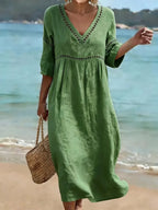 Robe en coton femme col V, mi-longue, manches courtes et poches, vert