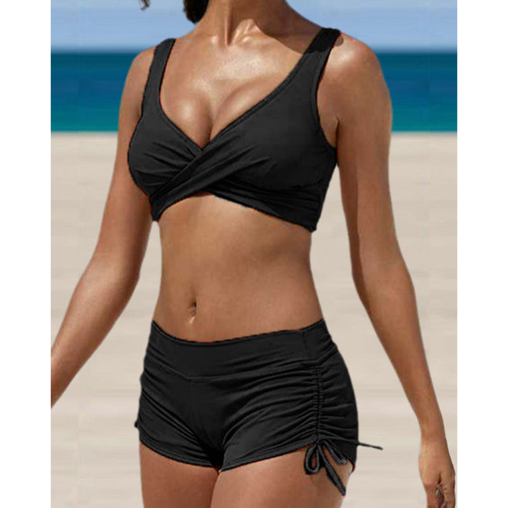 Bikini femme à culotte taille haute, bretelles réglables, noir