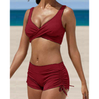 Bikini femme à culotte taille haute, bretelles réglables, rouge vin