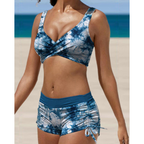 Bikini femme à culotte taille haute, bretelles réglables, bleu
