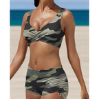 Bikini femme à culotte taille haute, bretelles réglables, camouflage