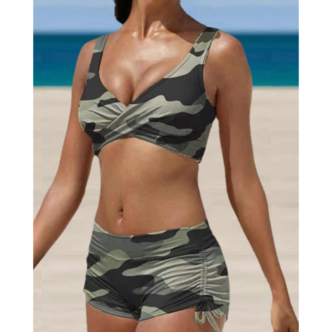 Bikini femme à culotte taille haute, bretelles réglables, camouflage