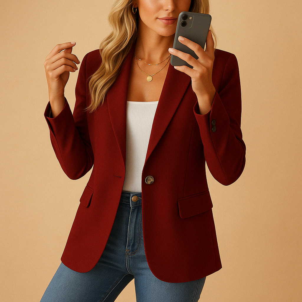 Blazer femme cintré à un bouton, épaules structurées, rouge vin