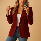 Blazer femme cintré à un bouton, épaules structurées, rouge vin