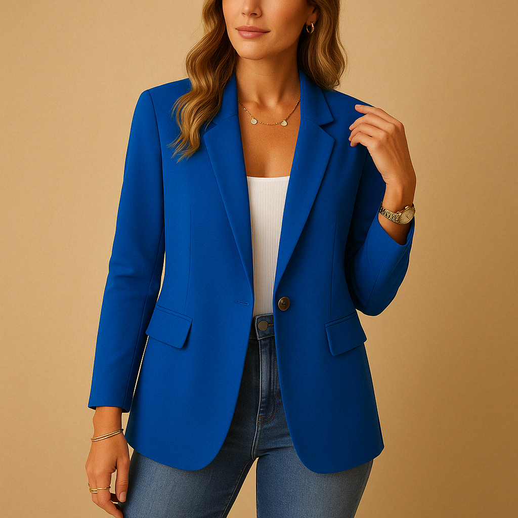 Blazer femme cintré à un bouton, épaules structurées, bleu