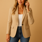Blazer femme cintré à un bouton, épaules structurées, beige