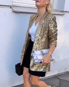 Blazer femme à paillettes dorées, manches longues, du S au 3XL, doré