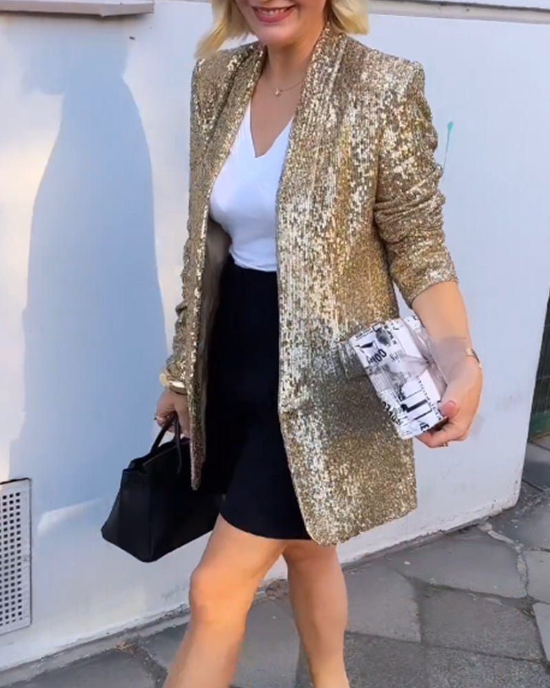 Blazer femme à paillettes dorées, manches longues, du S au 3XL