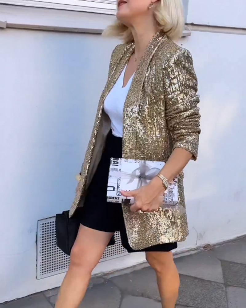 Blazer femme à paillettes dorées, manches longues, du S au 3XL