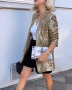 Blazer femme à paillettes dorées, manches longues, du S au 3XL