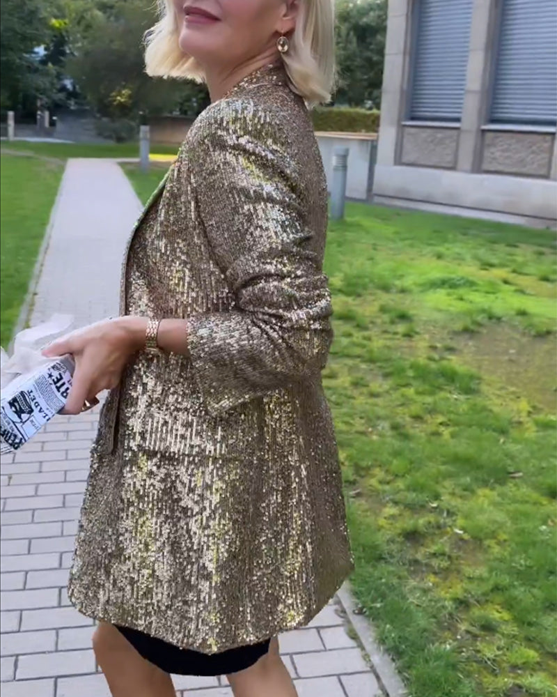 Blazer femme à paillettes dorées, manches longues, du S au 3XL